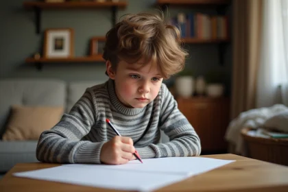 Gar&ccedil;on de 8 ans pensif assis &agrave; un bureau en bois