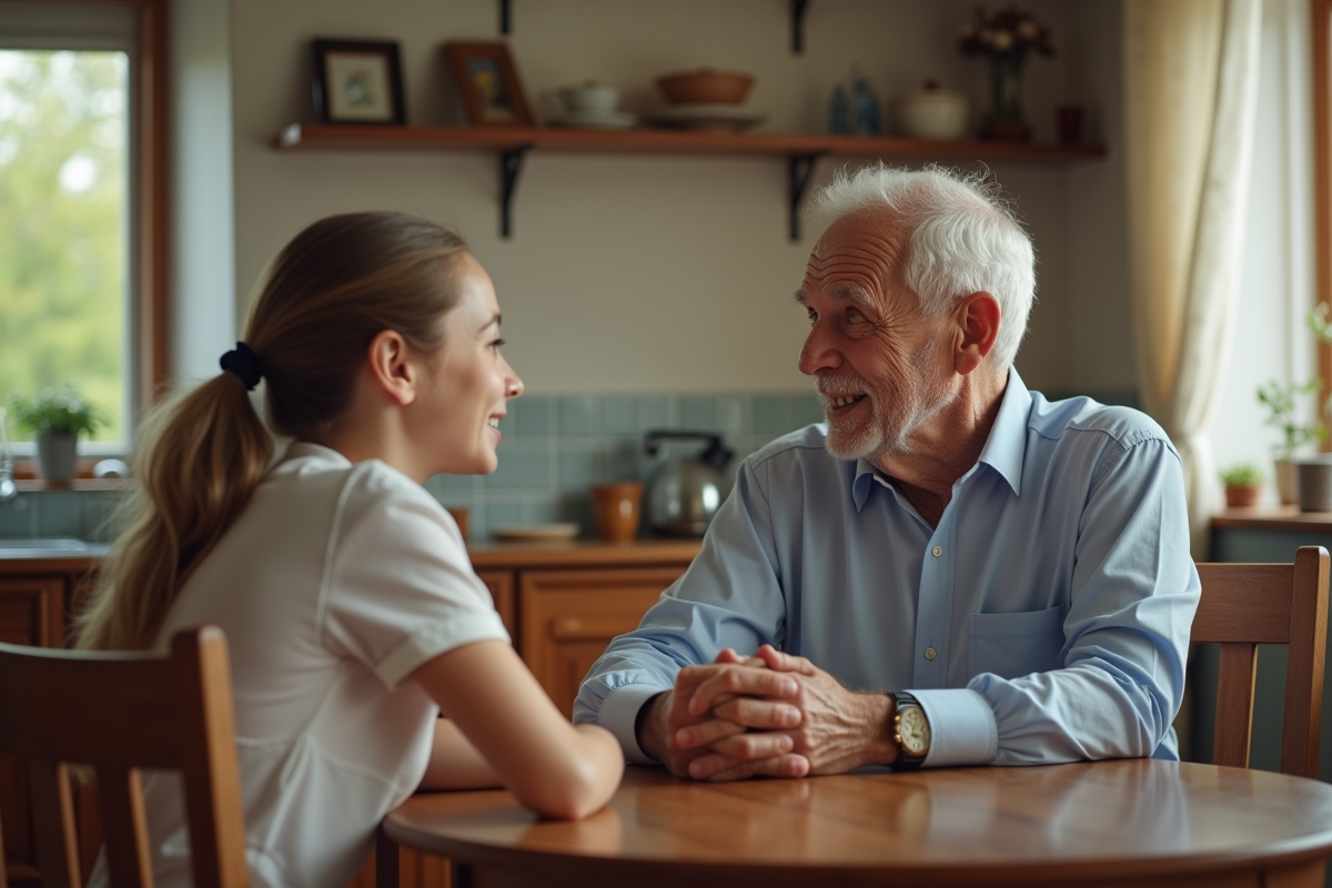 Grand-père racontant ses souvenirs à sa petite fille à la cuisine