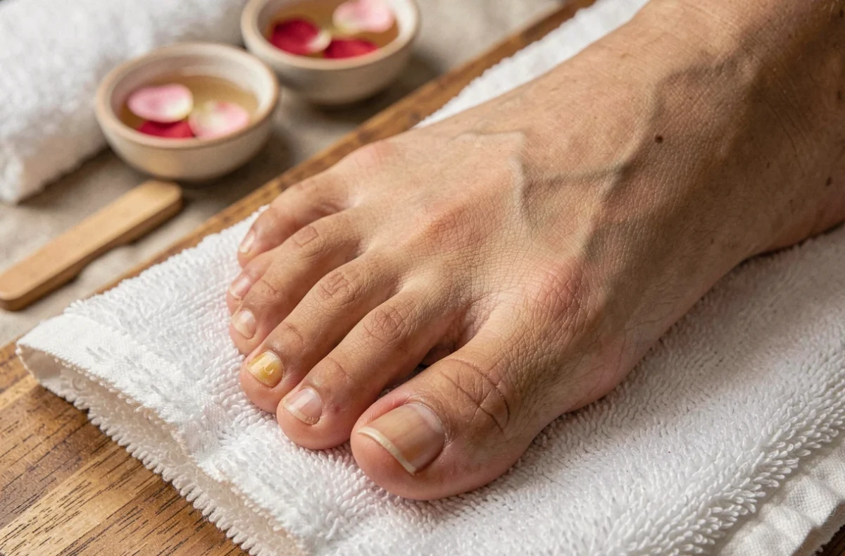 Gros plan sur un ongle épais et un ongle incarné du pied sur une serviette blanche