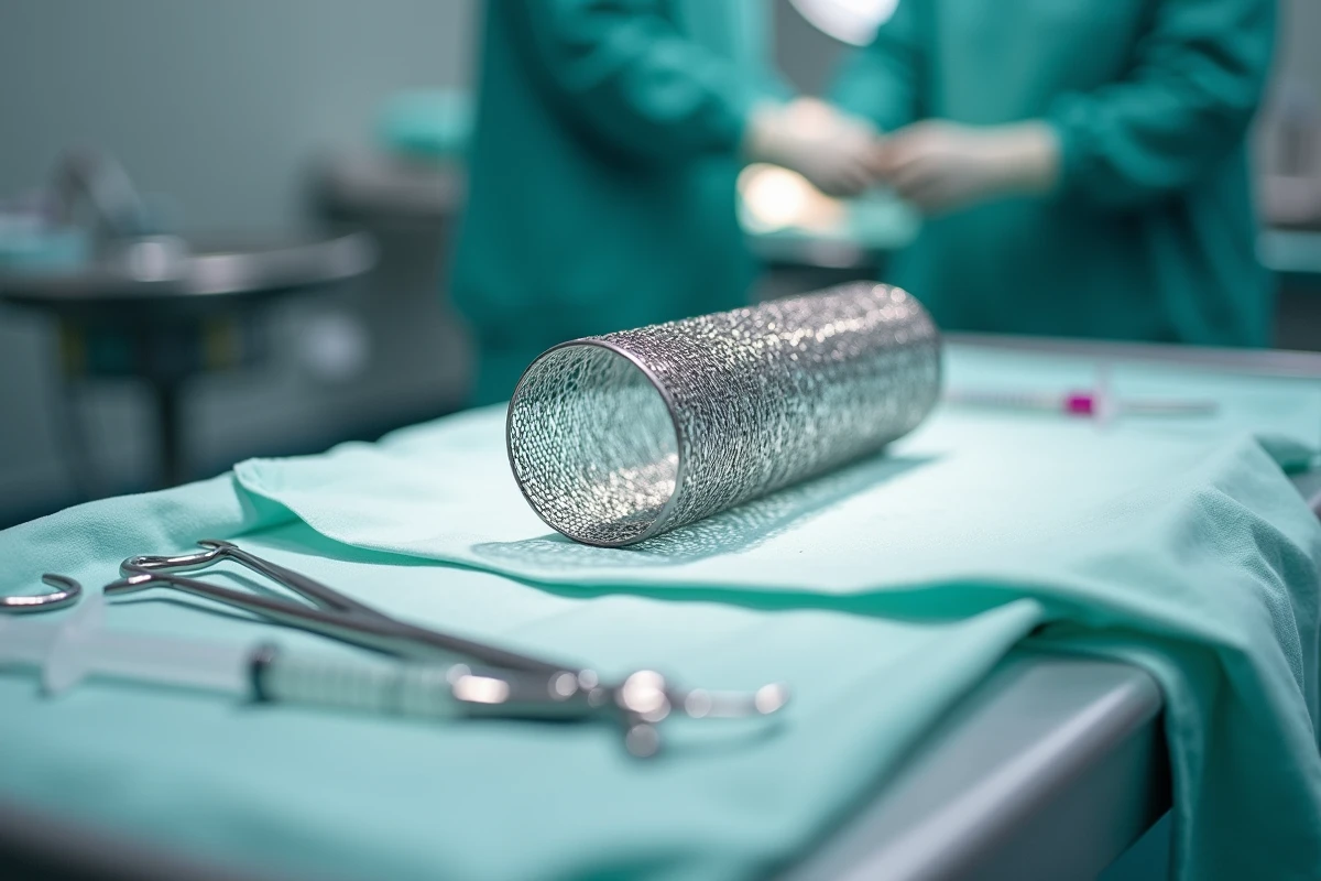 Gros plan sur un stent coronaire métallique posé sur un champ chirurgical stérile, illustrant la structure et les détails techniques du dispositif médical utilisé en cardiologie
