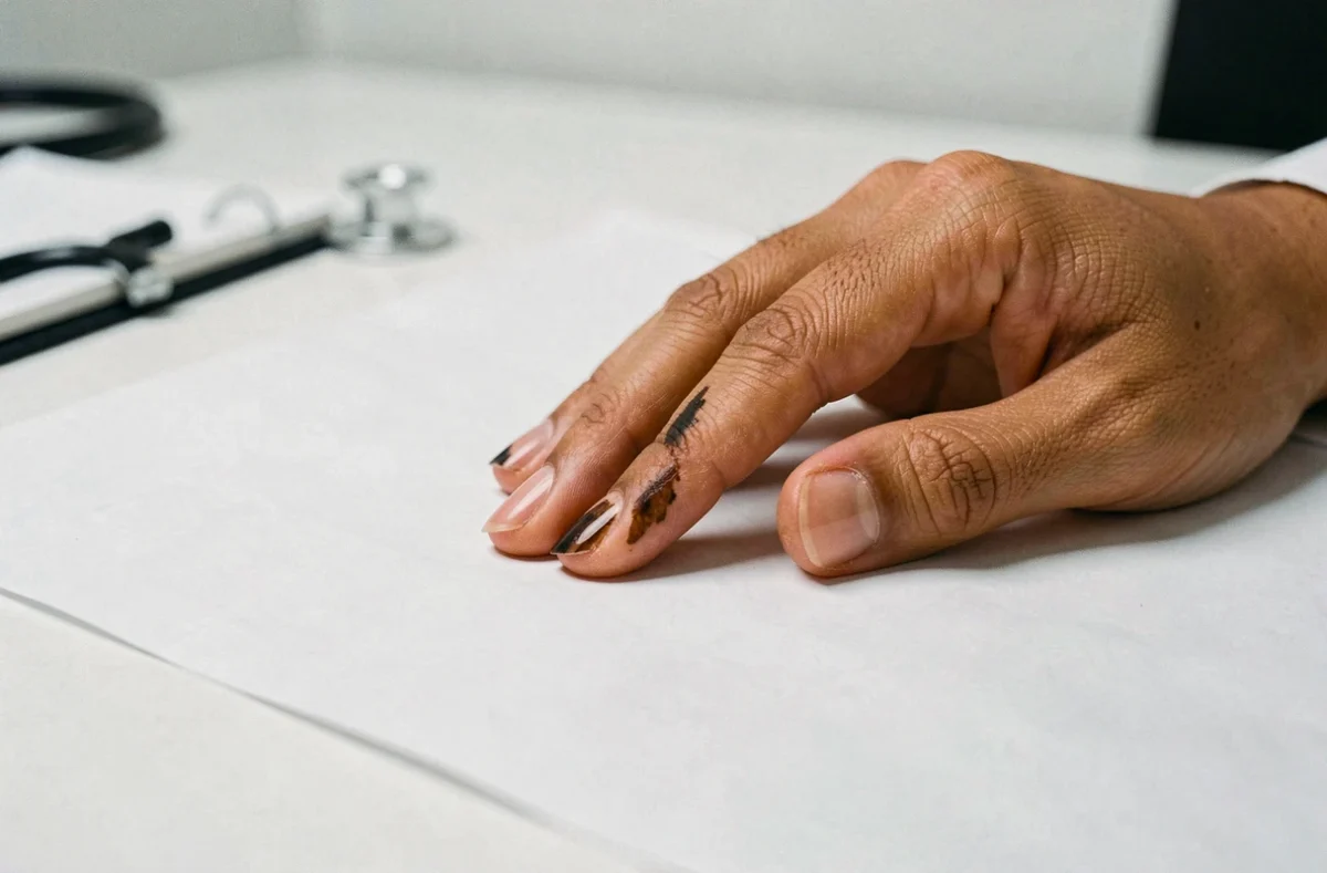 Gros plan d'une tache noire longitudinale sous l'ongle du pouce sur fond médical blanc