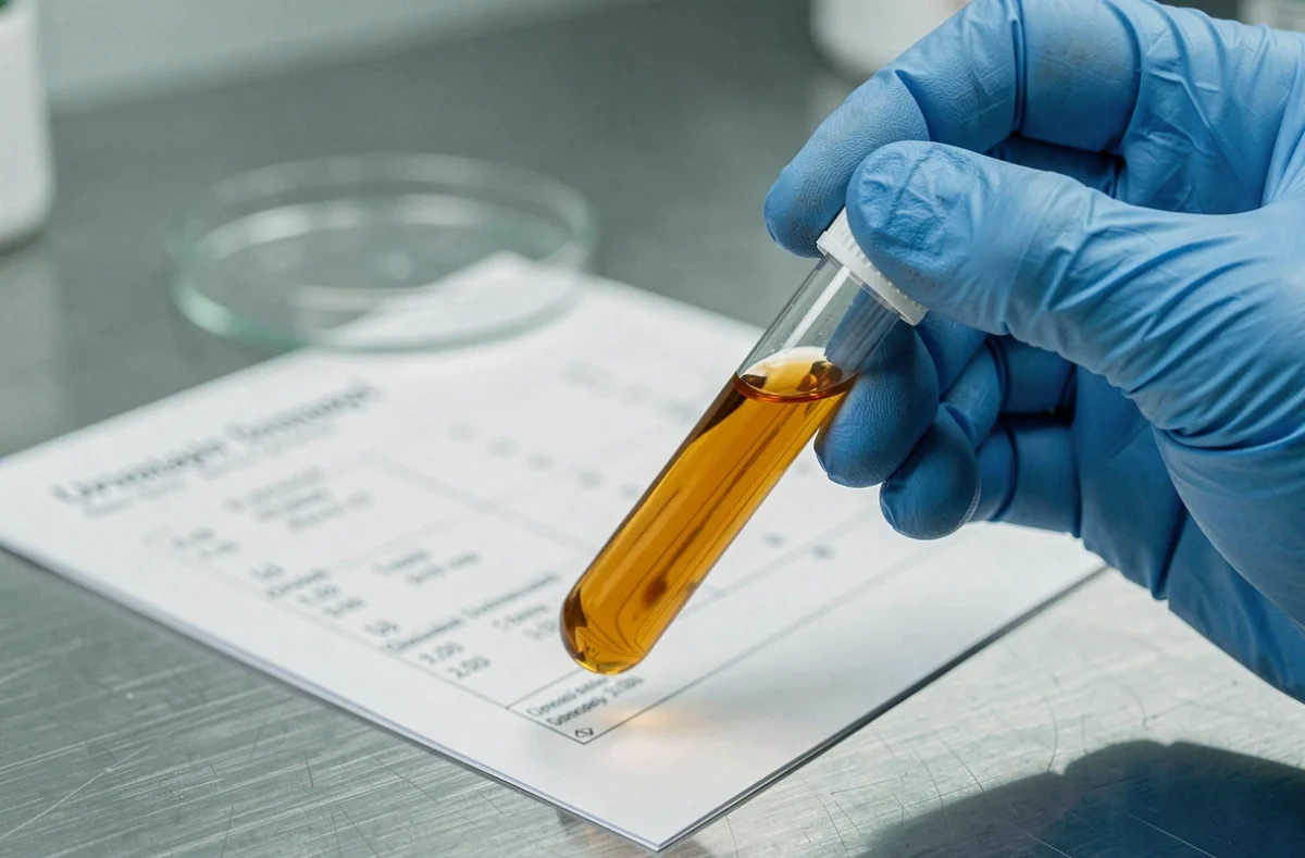 Gros plan sur un tube d'échantillon d'urine tenu par une main gantée en laboratoire médical pour analyse cytologique