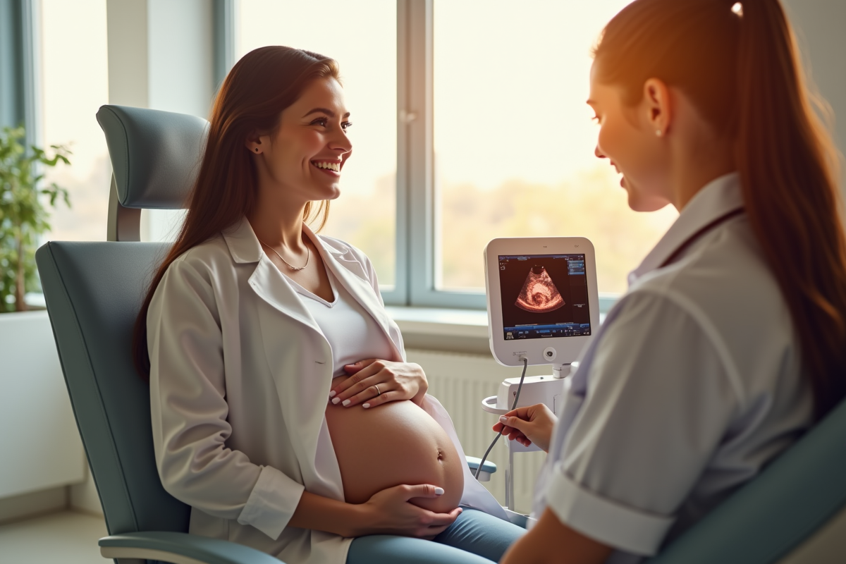 Femme enceinte souriante lors d'une échographie en clinique