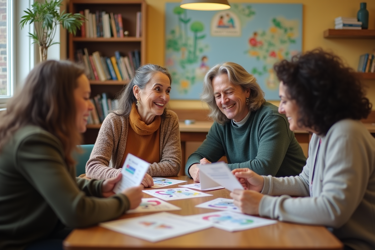 Groupe de trois adultes discutant autour d