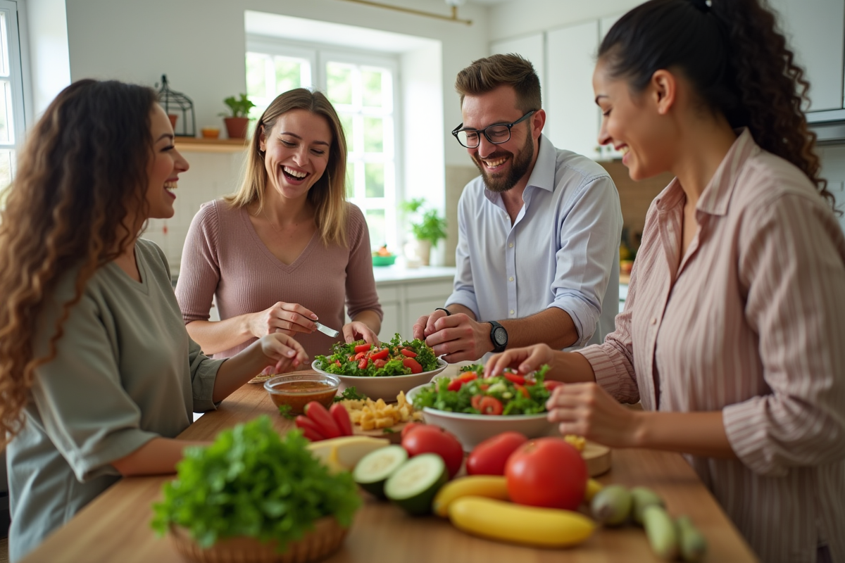 Groupe divers préparant une salade colorée pour la santé