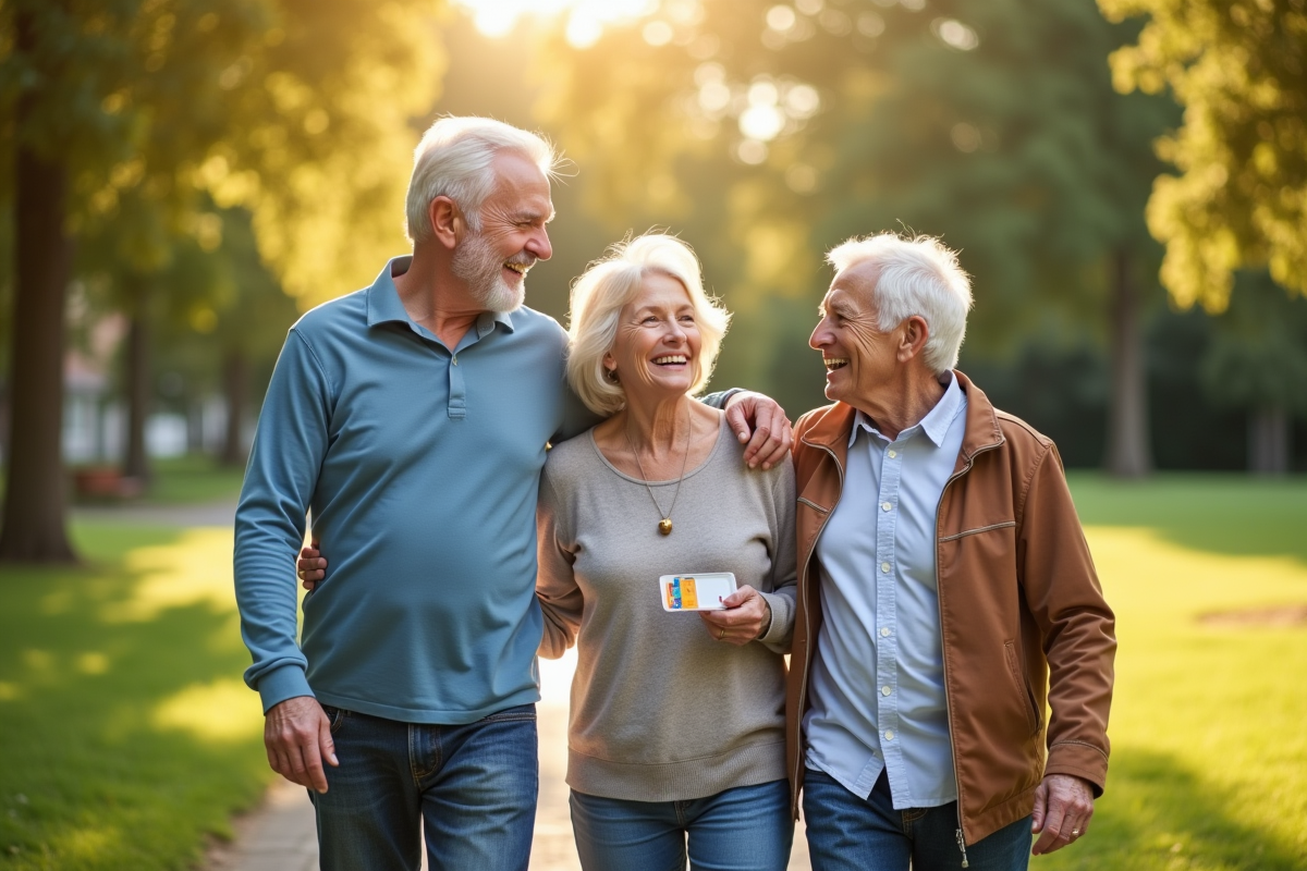 Trois seniors marchant dans un parc ensoleille avec medicaments