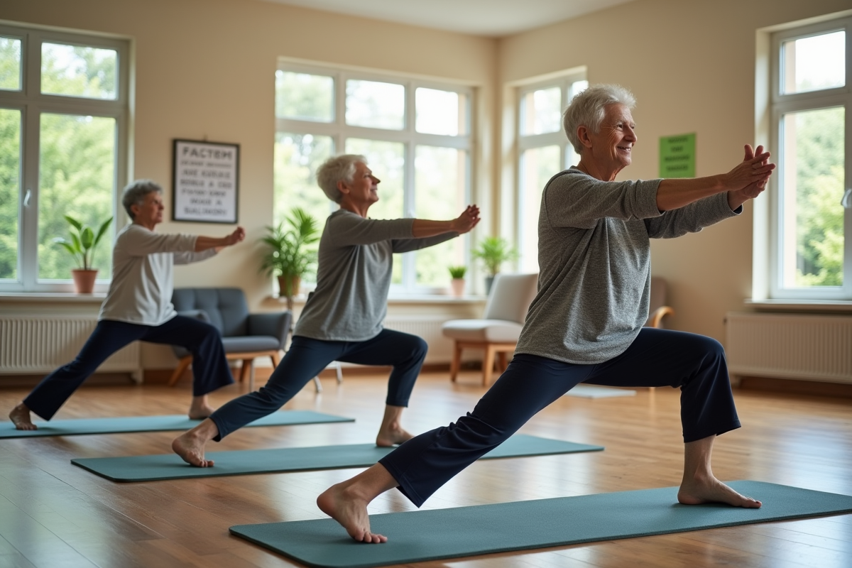 Groupe de seniors faisant des exercices dans une salle lumineuse
