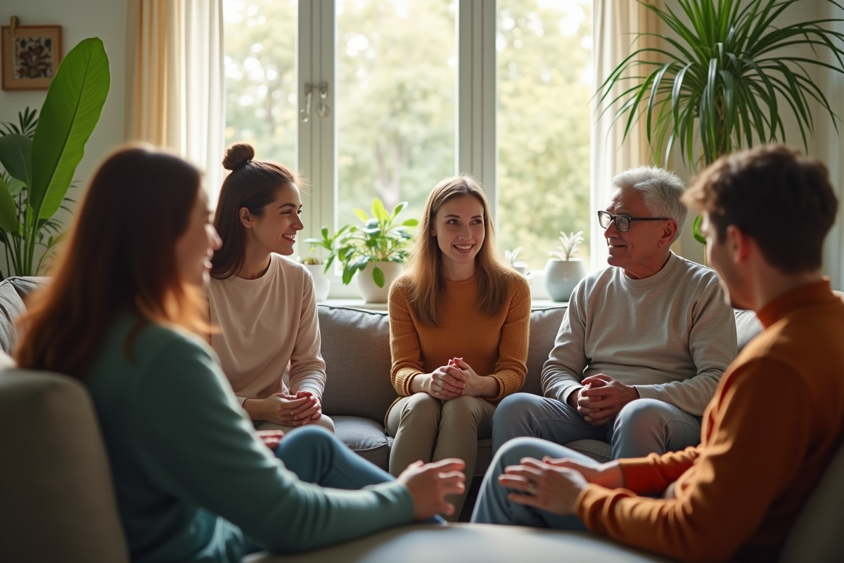 Groupe diversifié de jeunes et seniors en conversation dans un salon lumineux