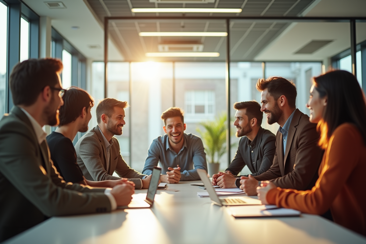 Groupe diversifié de personnes en réunion au bureau lumineux