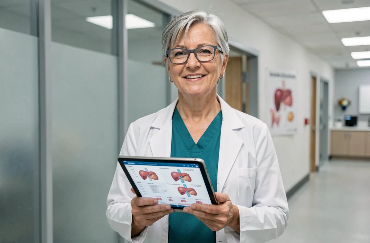 Hépatologue spécialisée présentant un bilan hépatique sur tablette dans un couloir d'hôpital, explication des causes non alcooliques d'un gamma GT élevé