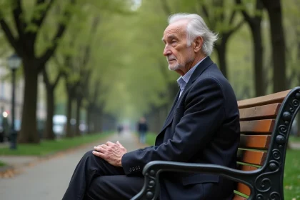 Homme &acirc;g&eacute; en costume dans un parc parisien