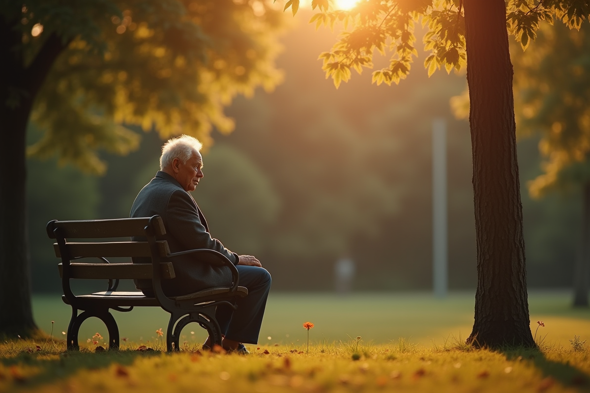 Homme âgé seul sur un banc dans le parc en réflexion