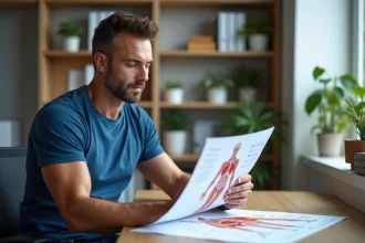 Homme d'âge moyen en t-shirt bleu et jeans devant un tableau d'anatomie