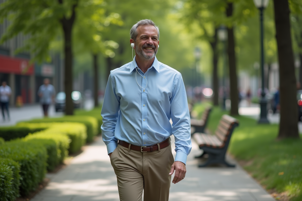 Homme marche dans le parc avec écouteurs sans fil