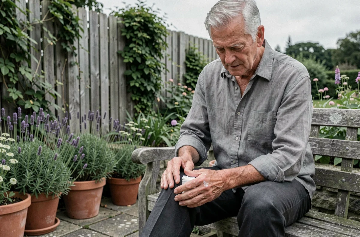 Homme senior appliquant un baume à base de plantes sur son genou pour soulager l'arthrose dans un jardin d'herbes médicinales