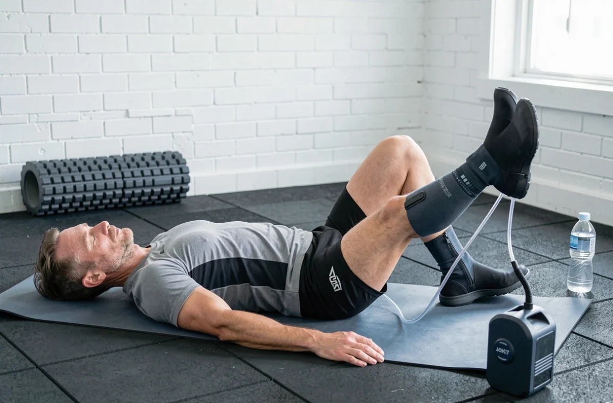 Homme allongé sur un tapis de sport portant des bottes de compression séquentielle après l'entraînement pour récupérer des douleurs musculaires