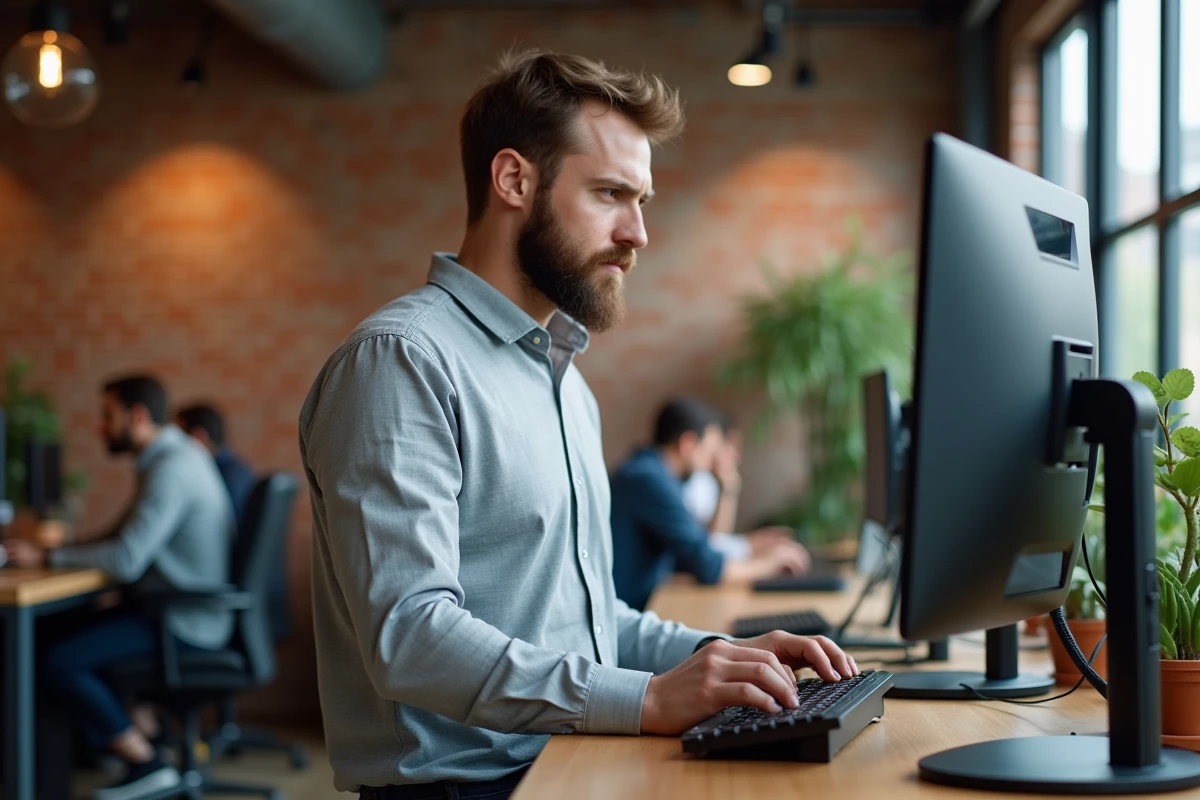 Homme debout à un bureau ajustable dans un espace de coworking, représentant les adaptations ergonomiques possibles pour les travailleurs atteints de zonivizectrum