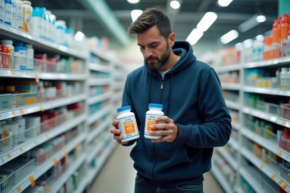 Homme comparant deux boîtes de compléments alimentaires dans un rayon de pharmacie pour évaluer le prix et la composition