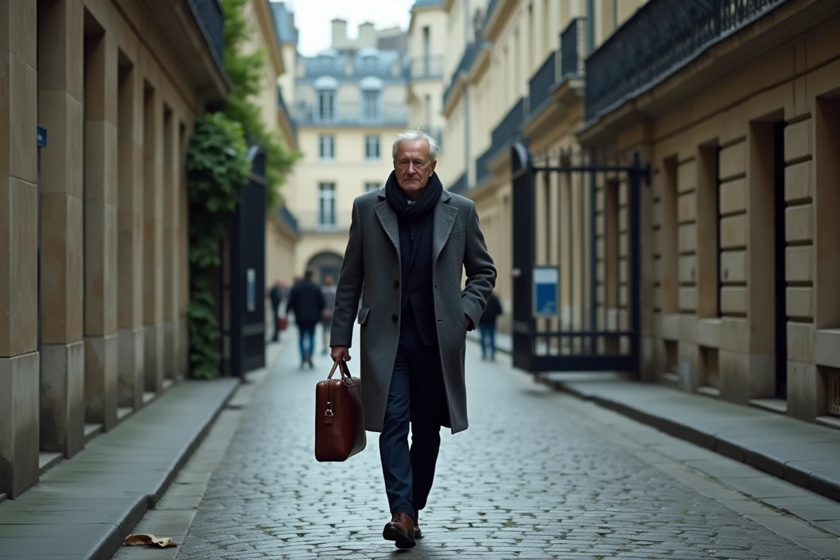 Homme en manteau traversant une cour parisienne haussmannienne, évoquant l'exposition médiatique et la surveillance publique d'une personnalité controversée