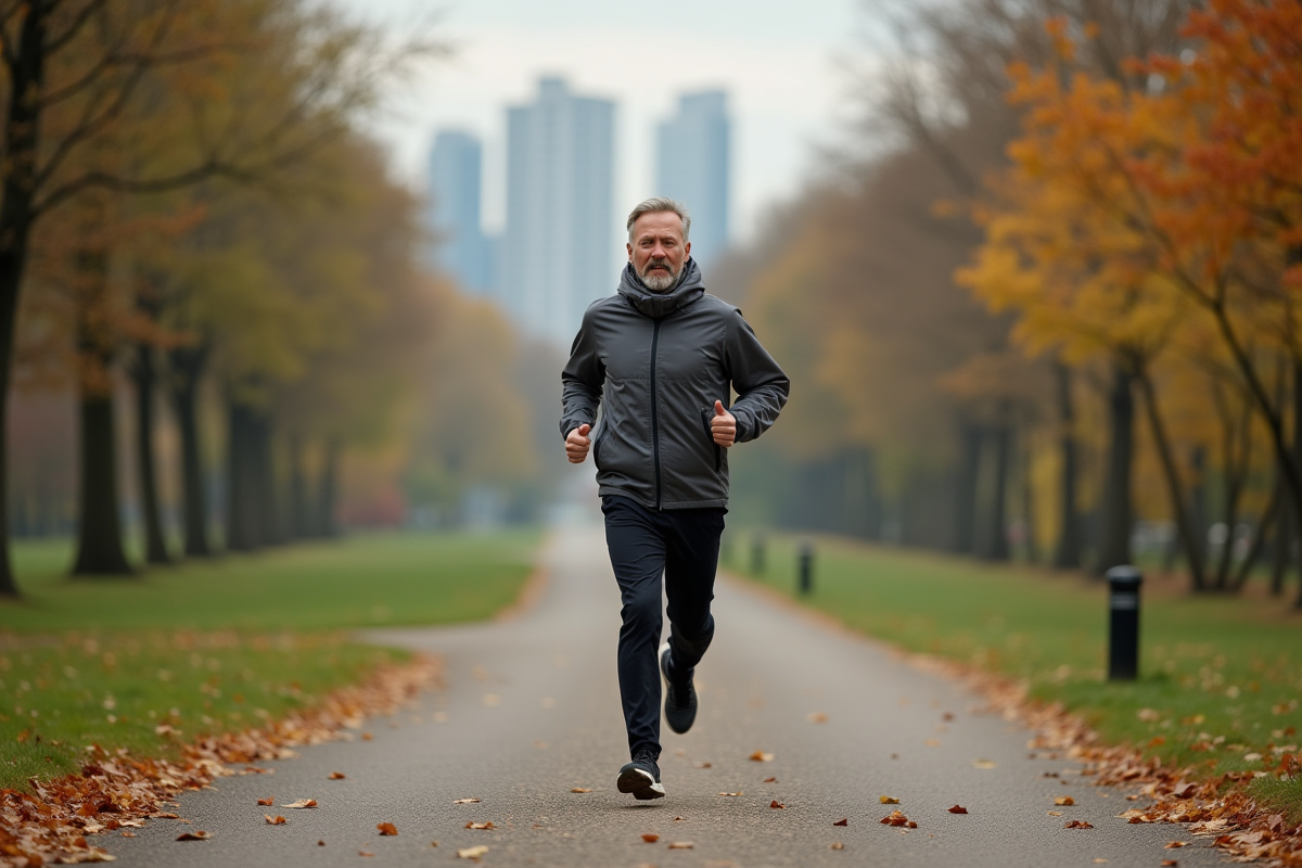 Homme courant dans un parc urbain en automne