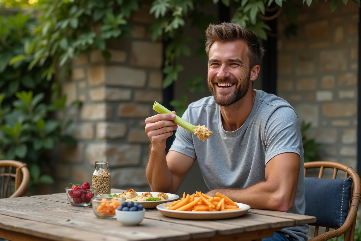 Homme détendu dégustant des légumes croquants en extérieur