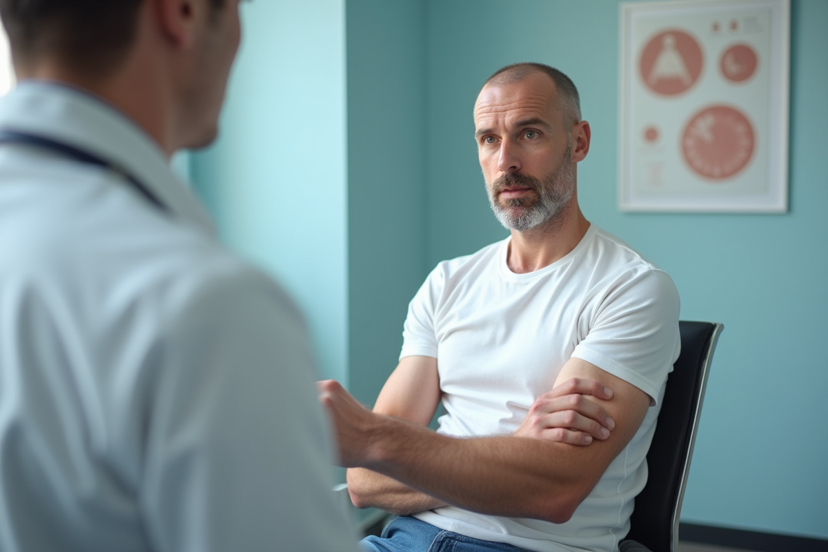 Homme montrant une peau sèche à un médecin en clinique