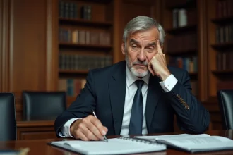 Portrait d'un homme en costume sombre assis devant des documents juridiques dans une salle de réunion institutionnelle, illustrant affaires judiciaires et exposition médiatique