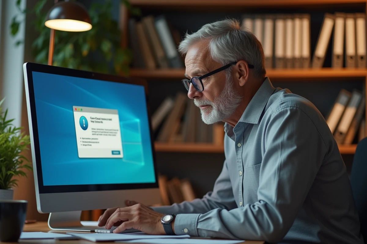 Homme d'âge mûr consultant un message d'erreur de connexion sur un service de messagerie sécurisé depuis son bureau à domicile