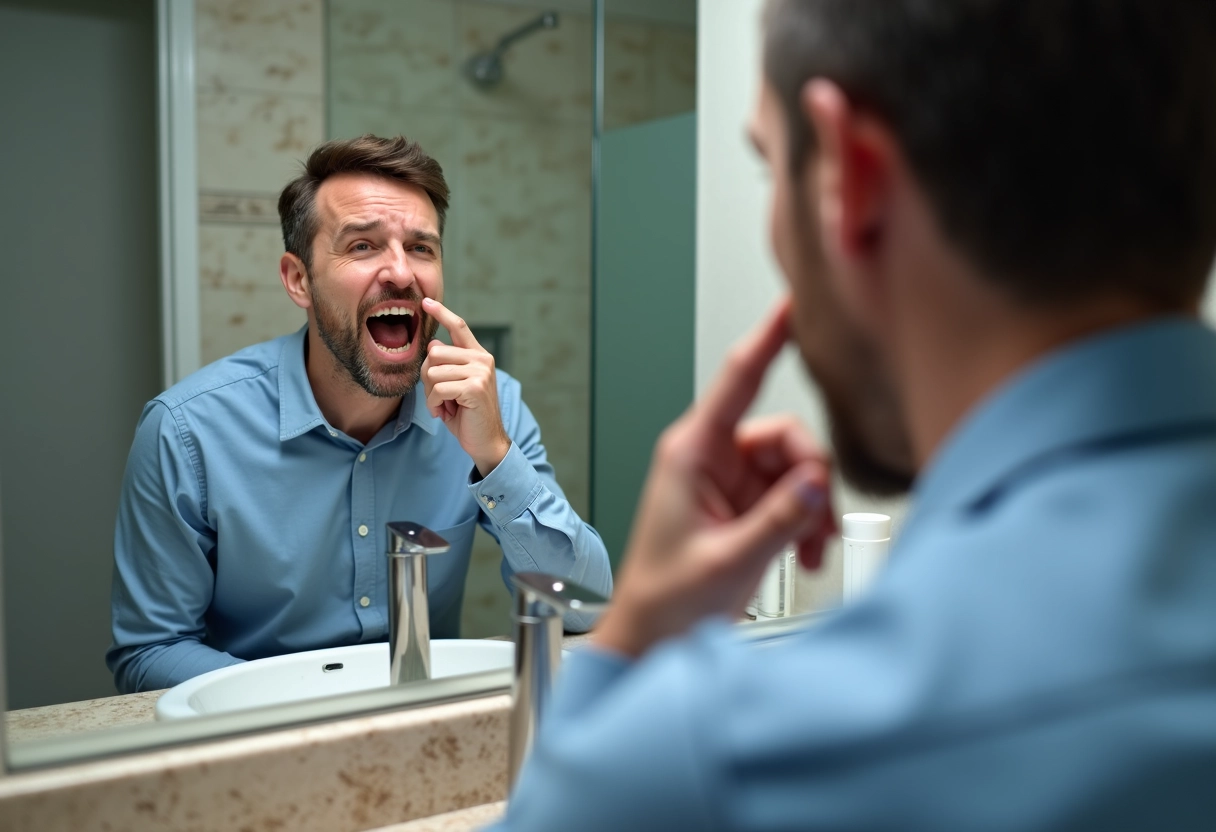 Homme examinant sa douleur dentaire dans la salle de bain