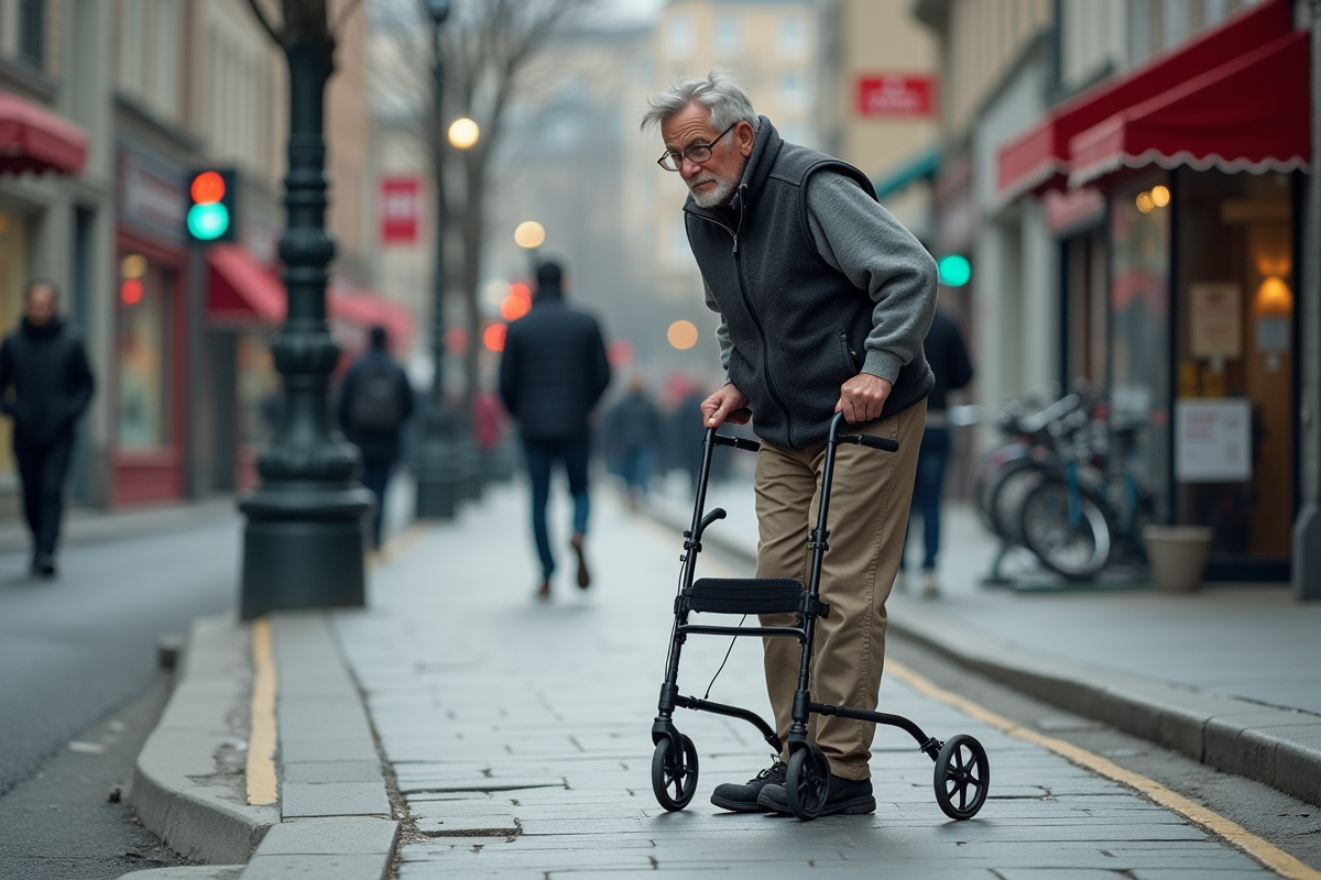 Homme âgé sur le trottoir avec rollator et curb irrégulier