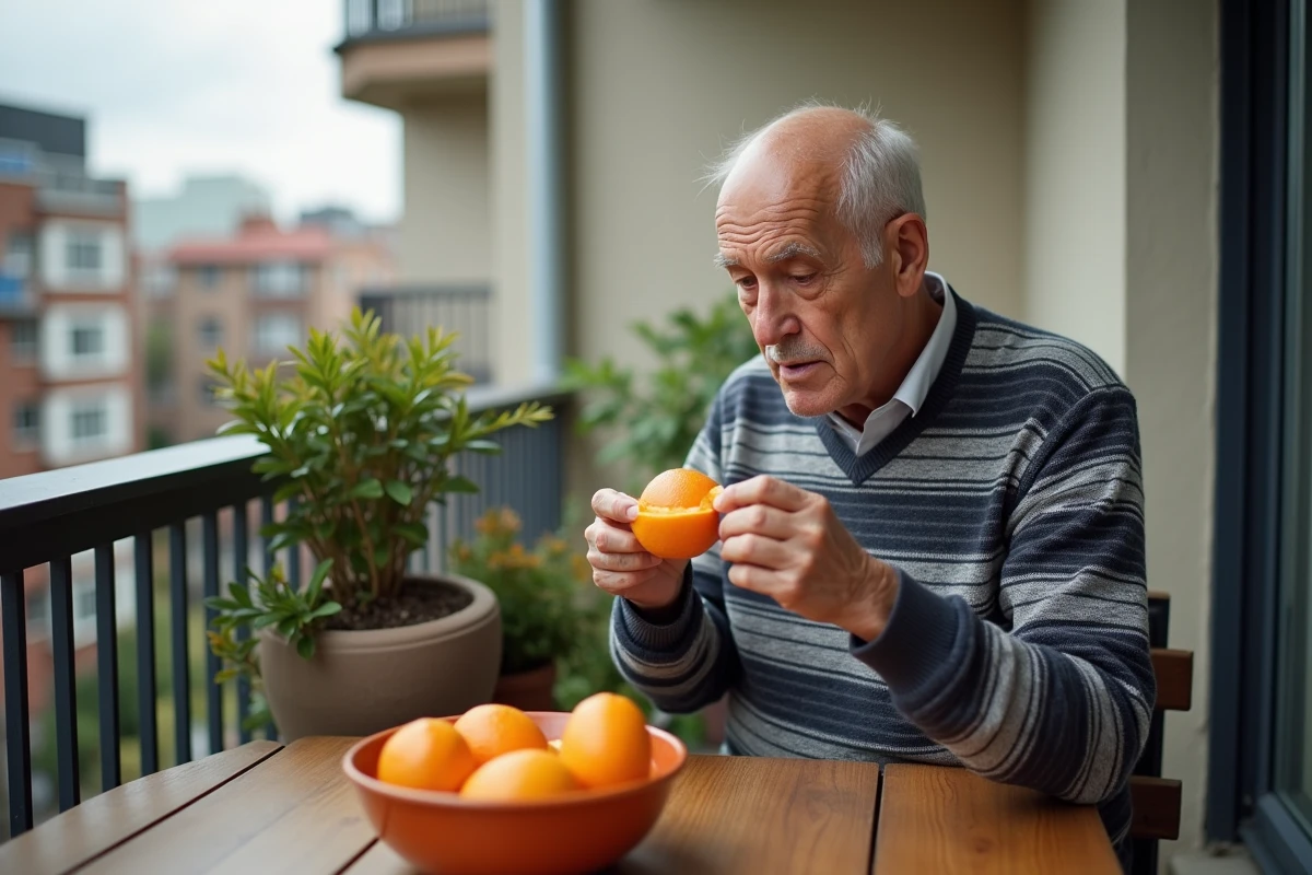 Homme &acirc;g&eacute; pelant une mandarine sur un balcon urbain