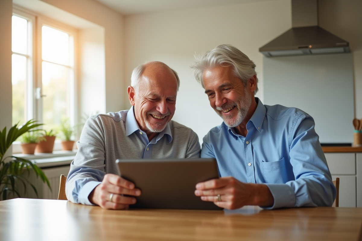 Homme agee utilisant une tablette avec aidant en cuisine