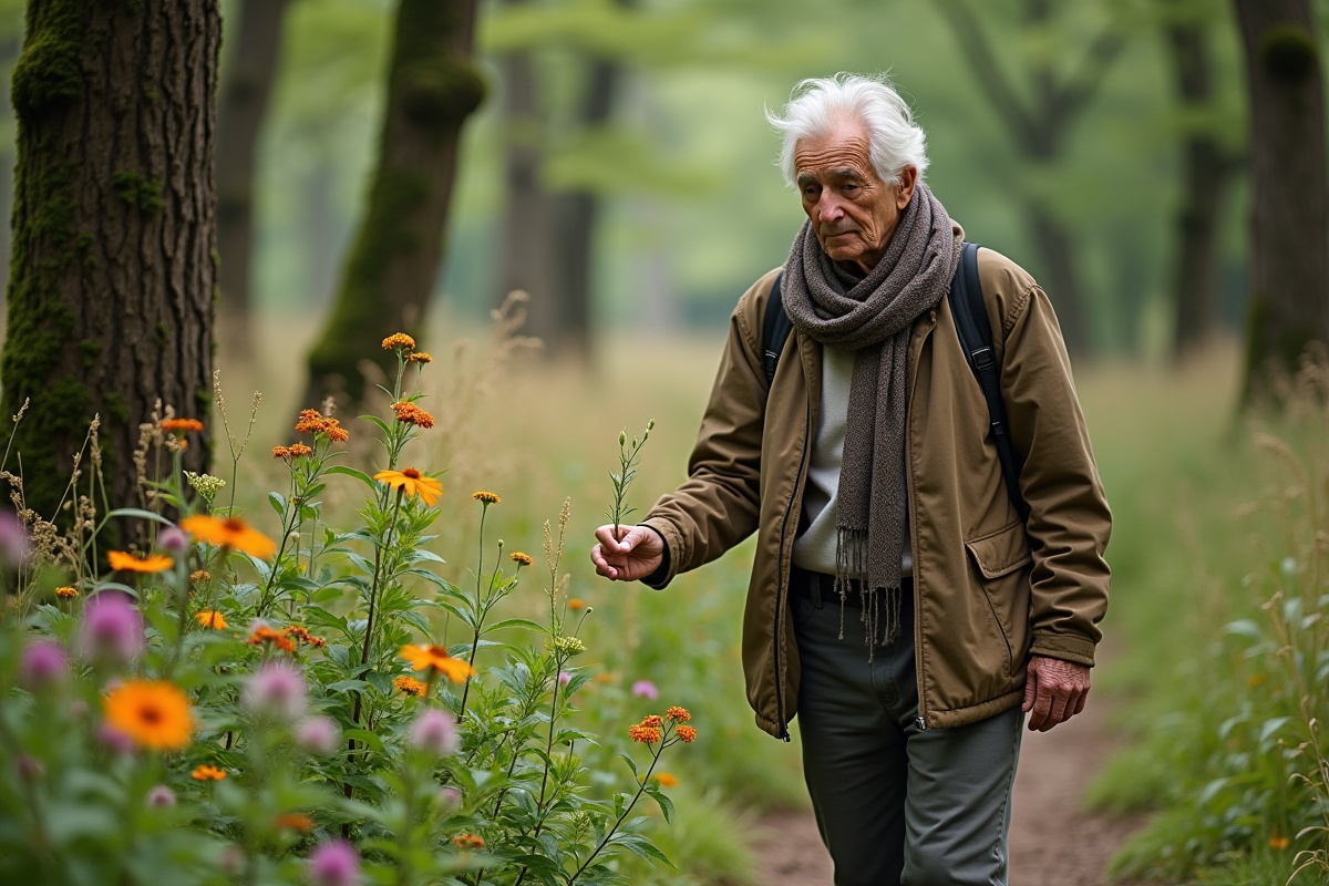 Homme âgé explorant des plantes médicinales en forêt