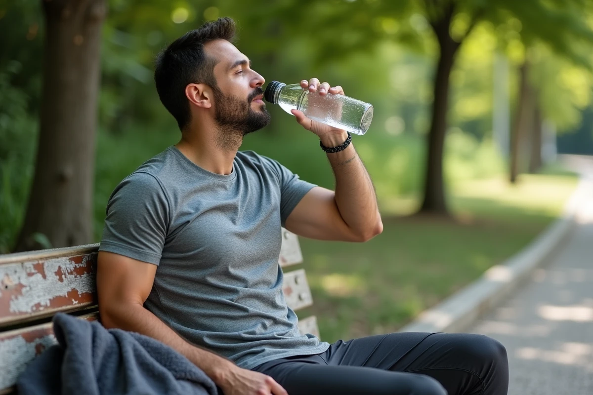 Homme buvant de l'eau après une séance de sport dans un parc urbain, illustrant les bonnes habitudes d'hydratation pour les reins