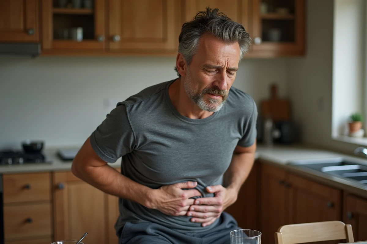 Homme assis à la cuisine le matin souffrant d'inconfort digestif et de flatulences malodorantes après une nuit difficile
