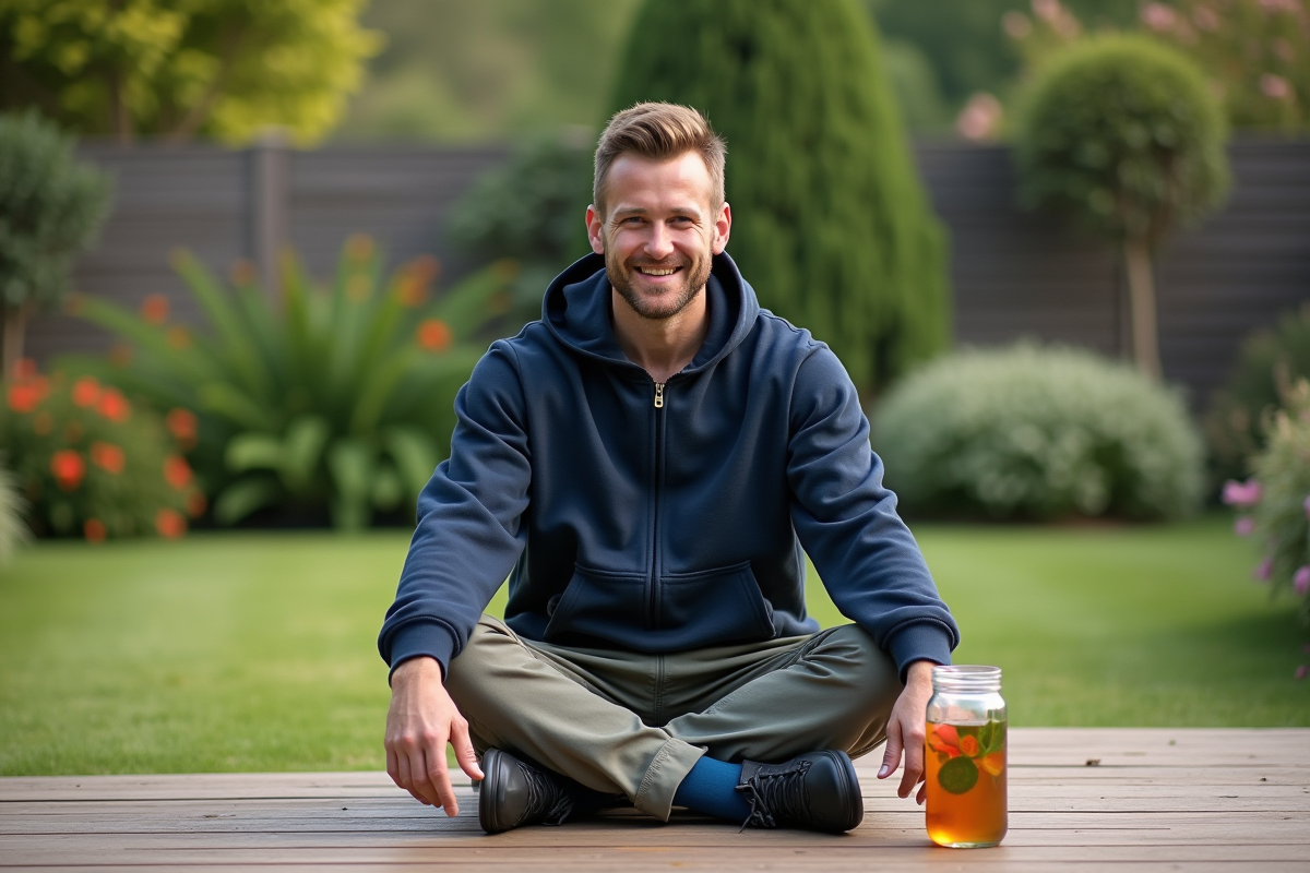 Homme dans un jardin avec une bouteille d eau detox