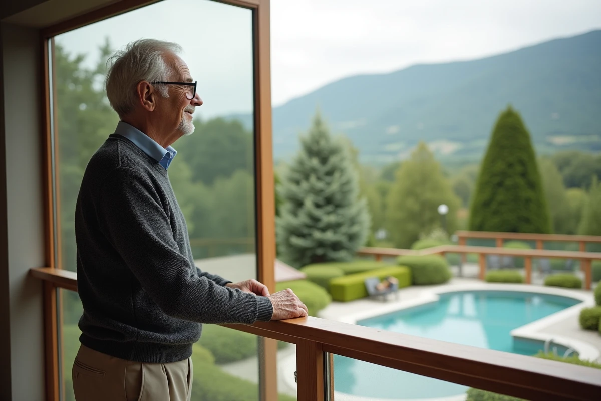 Homme &acirc;g&eacute; regardant le jardin thermal depuis la fen&ecirc;tre