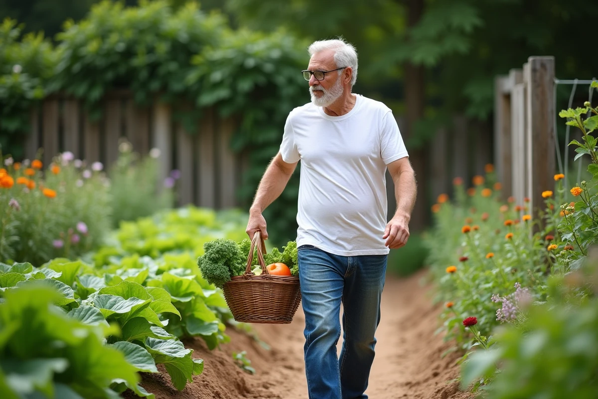 Homme dans un jardin avec panier de légumes frais