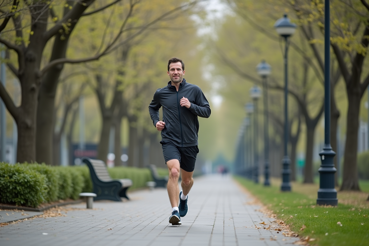 Homme courant dans un parc urbain au printemps