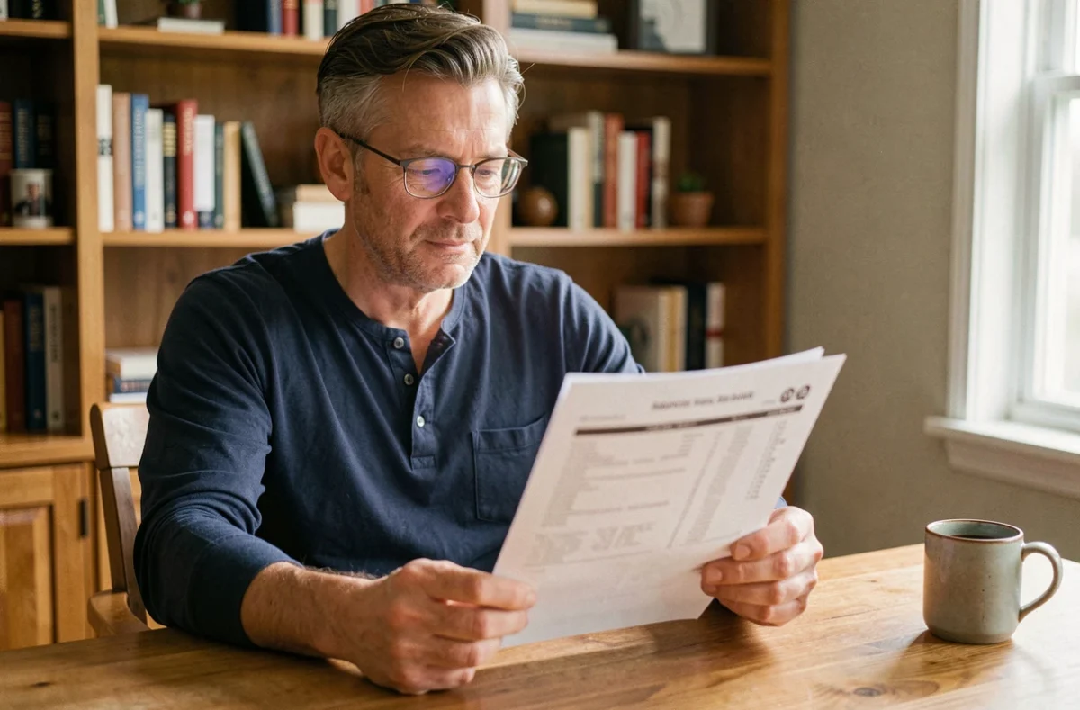 Homme lisant ses résultats d'analyse sanguine à domicile, incluant le taux de globules rouges