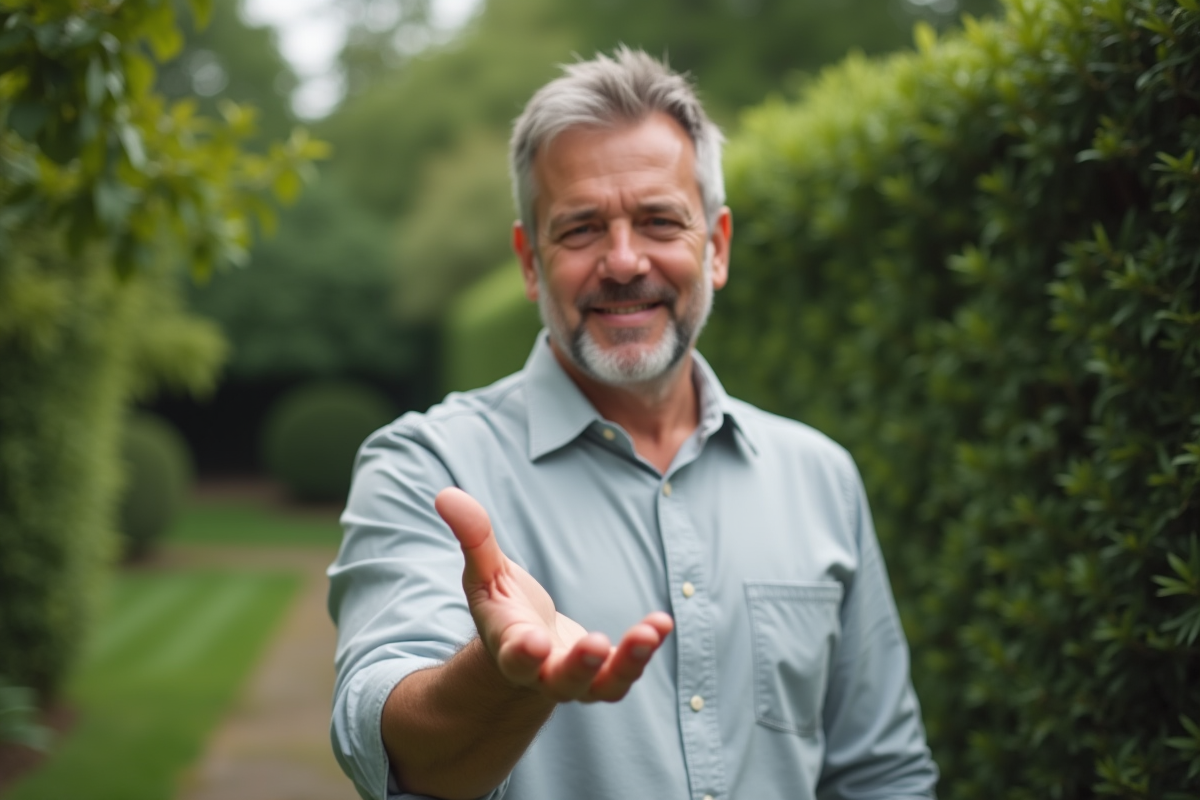 Homme montrant sa main avec une marque dans un jardin