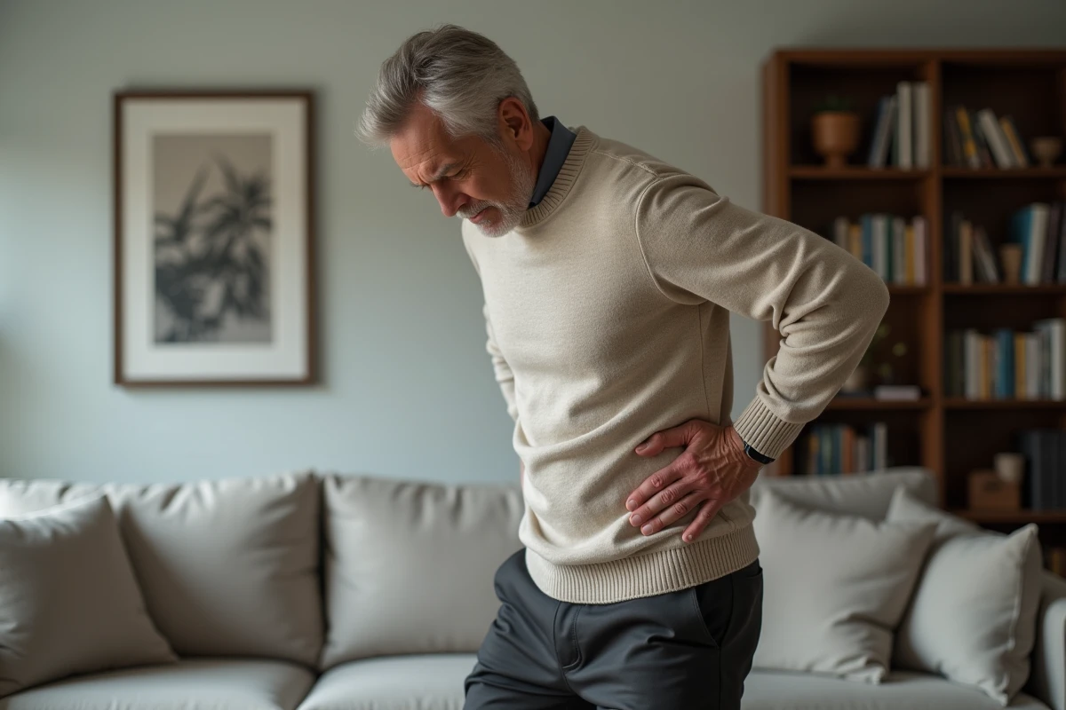 Homme se tenant le dos dans un salon organis&eacute; en pleine conscience