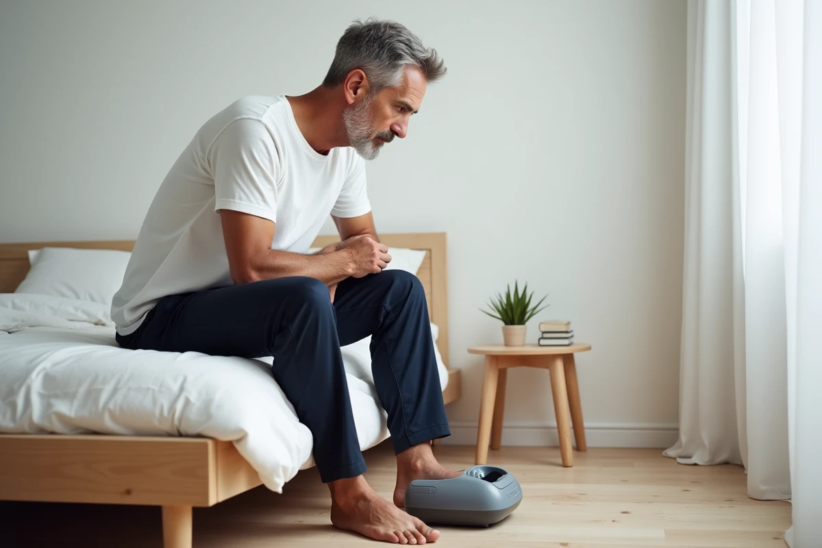 Homme utilisant un masseur de pieds discret dans une chambre minimaliste au style nordique