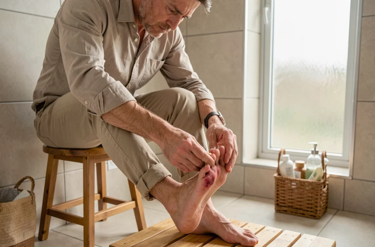 Homme inspectant un ongle incarné douloureux sur son gros orteil à la maison