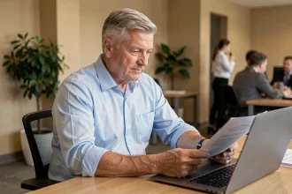 Homme de 58 ans porteur d'un pacemaker concentré sur son travail dans un bureau moderne
