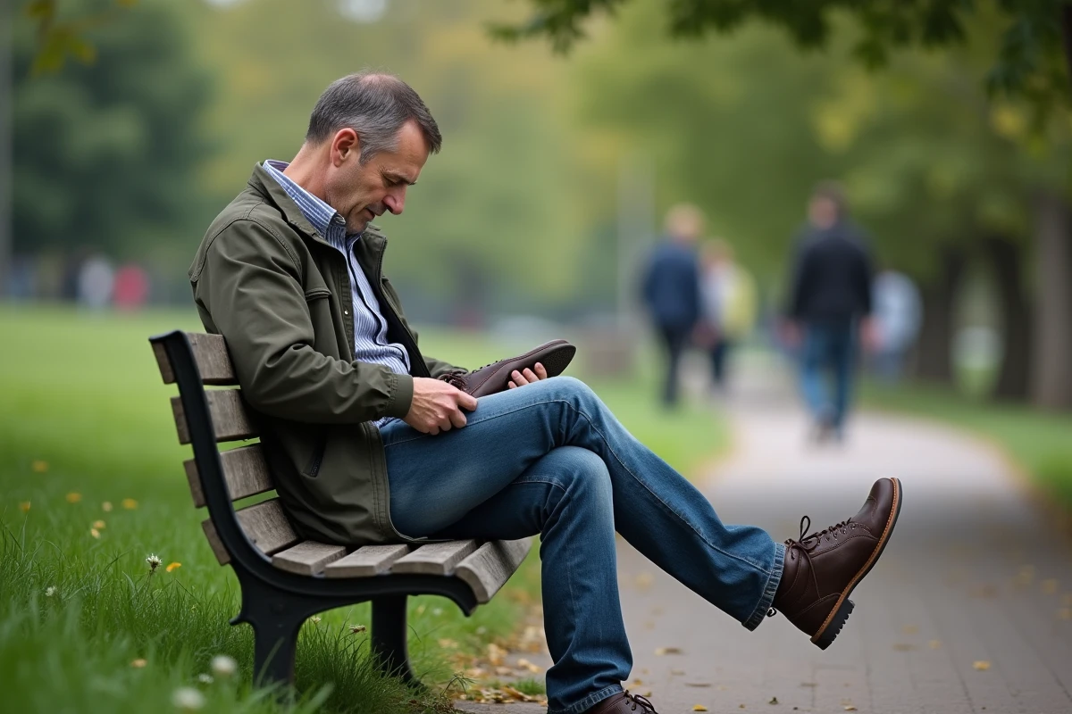 Homme d age moyen vérifiant la semelle de sa chaussure au parc