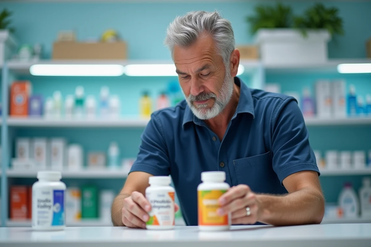 Homme comparant des boîtes de probiotiques en pharmacie pour traiter les troubles intestinaux