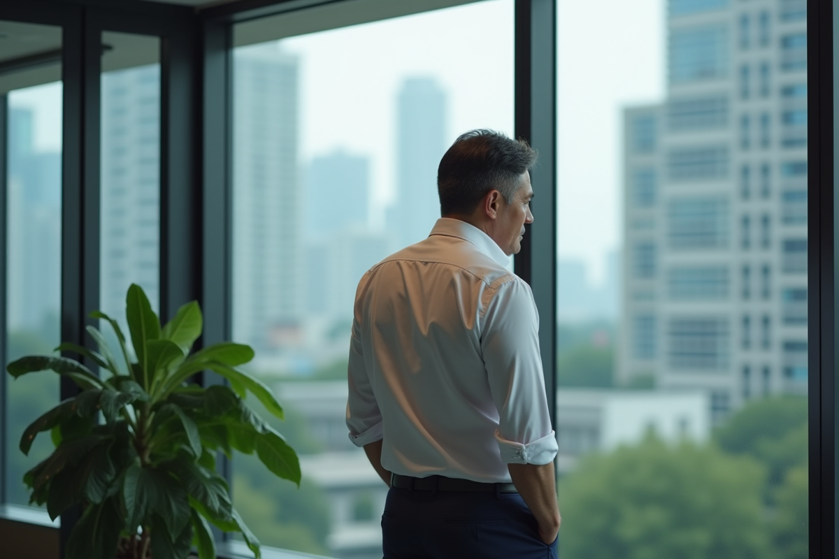 Homme d affaires regardant par la fenetre en milieu professionnel