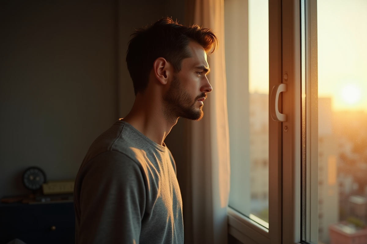Homme regardant par la fenêtre dans un appartement moderne