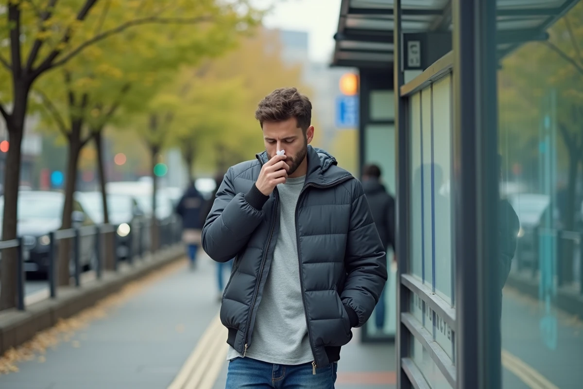 Jeune homme reniflant à un arrêt de bus en ville